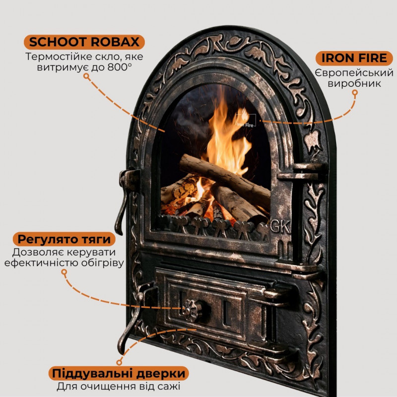 Дверцята чавунні для печі/барбекю Iron Fire Artik 460х560 мм з вогнетривким склом Robax