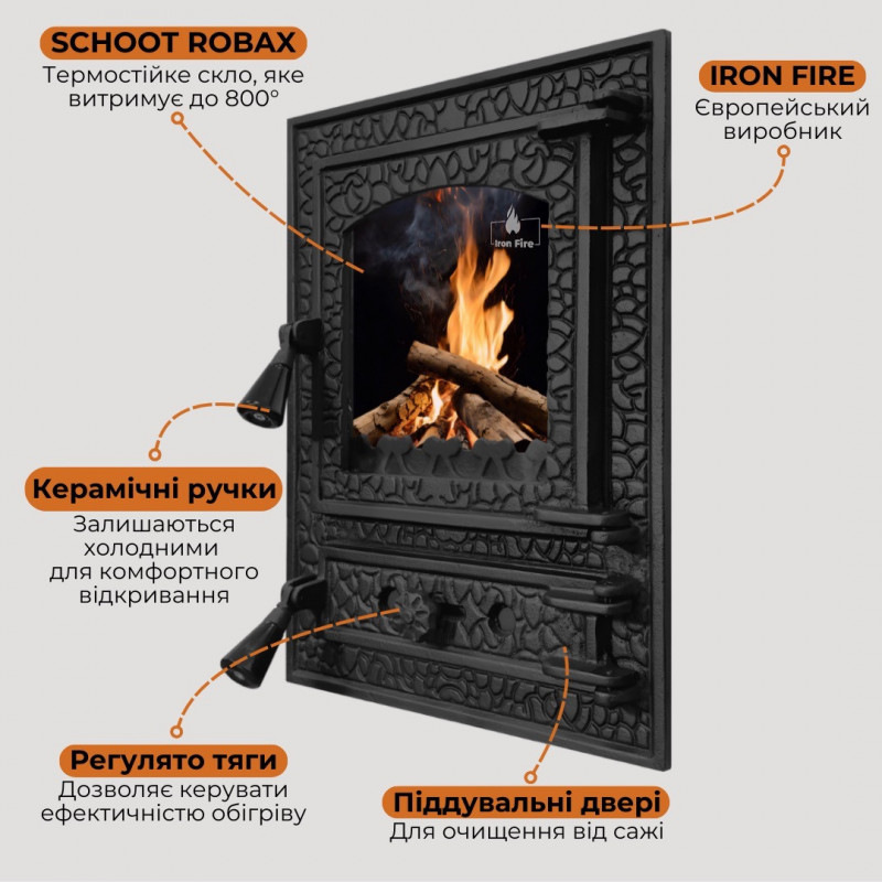 Дверцята чавунні для печі/барбекю Iron Fire Bastion 370х490 мм з вогнетривким склом Robax
