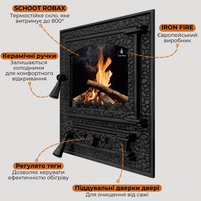 Дверцята чавунні для печі/барбекю Iron Fire Bastion XL 460х500 мм з вогнетривким склом Robax