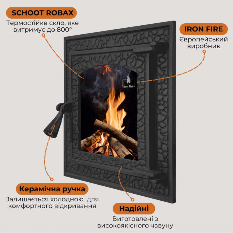 Дверцята чавунні для каміна/барбекю Iron Fire Bastion S 370х400 мм з вогнетривким склом Robax
