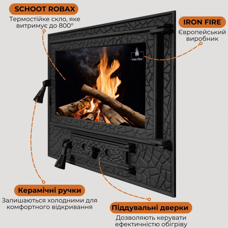 Дверцята чавунні для печі/барбекю Iron Fire Panorama Lux 580х500 мм з вогнетривким склом Robax