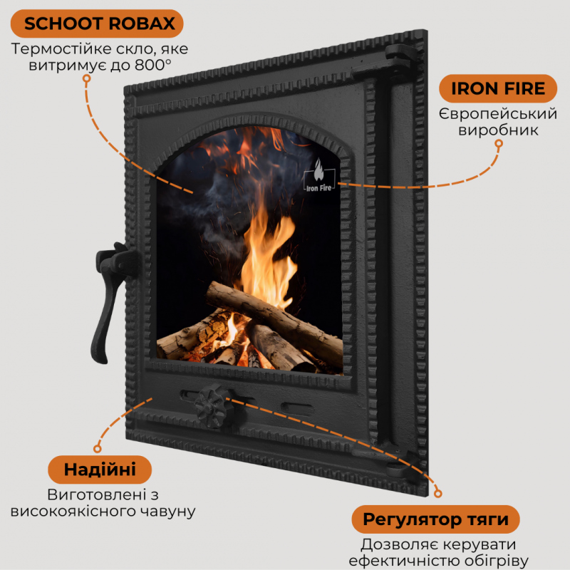 Дверцята чавунні для каміна/барбекю Iron Fire Style 35 350х390 мм з вогнетривким склом Robax