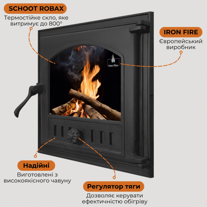 Дверцята чавунні для каміна/барбекю Iron Fire Style 40 390х390 мм з вогнетривким склом Robax