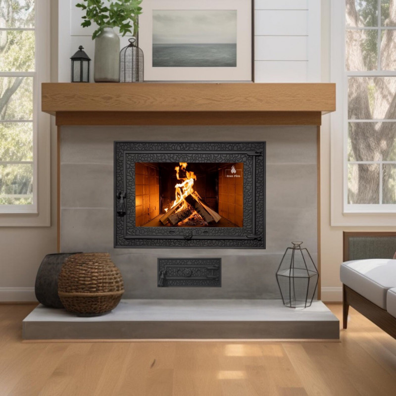 Комплект дверцят чавунні для каміна/барбекю Iron Fire Magnus 700x500 мм з вогнетривким склом Robax + піддувальна Bastion 375х175 мм