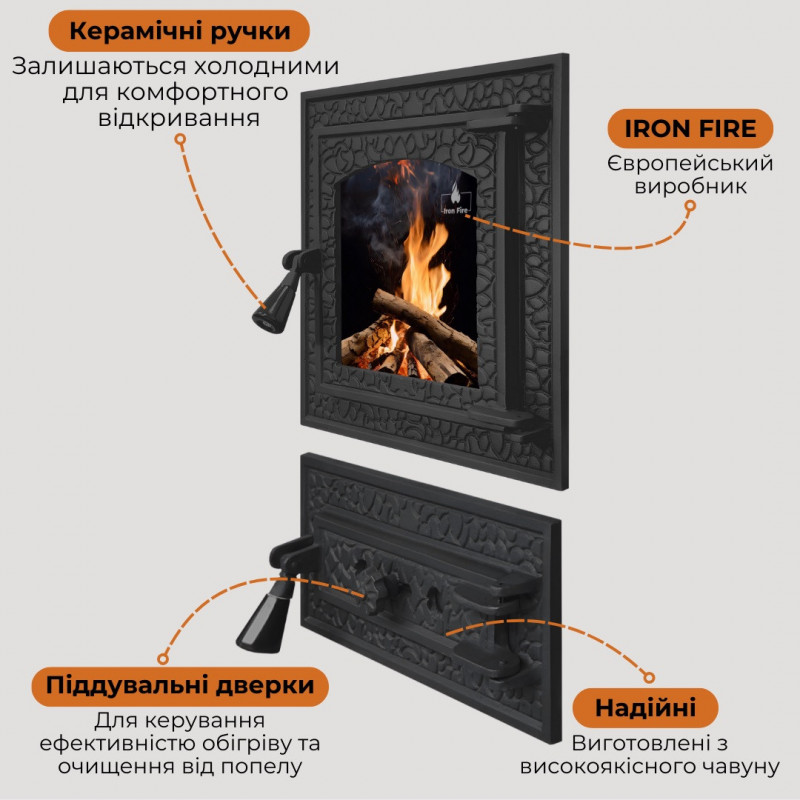 Комплект дверцят чавунні для каміна/барбекю Iron Fire Bastion S 370х400 мм з вогнетривким склом Robax + піддувальна Bastion 375х175 мм