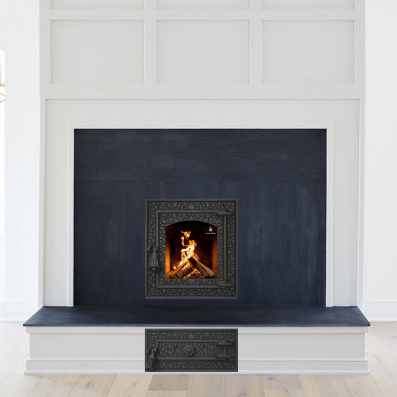 Комплект дверцят чавунні для каміна/барбекю Iron Fire Bastion S 370х400 мм з вогнетривким склом Robax + піддувальна Bastion 375х175 мм