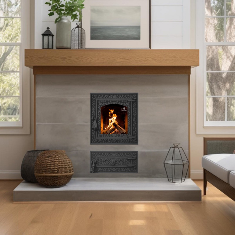 Комплект дверцят чавунні для каміна/барбекю Iron Fire Bastion S 370х400 мм з вогнетривким склом Robax + піддувальна Bastion 375х175 мм