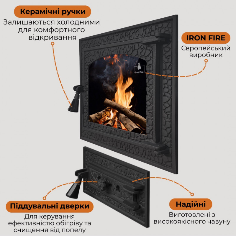 Комплект дверцят чавунні для каміна/барбекю Iron Fire Bastion L 460х400 мм з вогнетривким склом Robax + піддувальна Bastion 375х175 мм