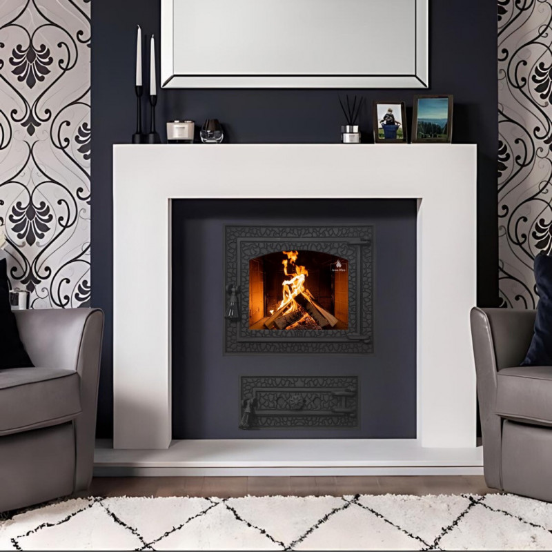 Комплект дверцят чавунні для каміна/барбекю Iron Fire Bastion L 460х400 мм з вогнетривким склом Robax + піддувальна Bastion 375х175 мм