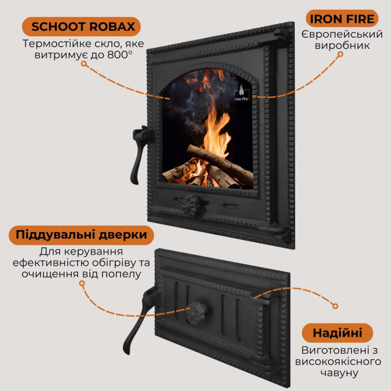 Комплект дверцят чавунні для каміна/барбекю Iron Fire Style 35 350х390 мм з вогнетривким склом Robax + піддувальна Style 35 315х180 мм