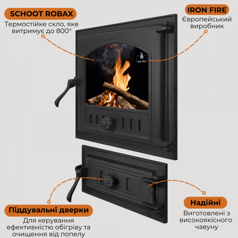 Комплект дверцят чавунні для каміна/барбекю Iron Fire Style 40 390х390 мм з вогнетривким склом Robax + піддувальна Style 50 315х165 мм