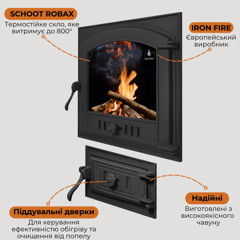 Комплект дверцят чавунні для каміна/барбекю Iron Fire Style 50 485х485 мм з вогнетривким склом Robax + піддувальна Style 50 315х165 мм