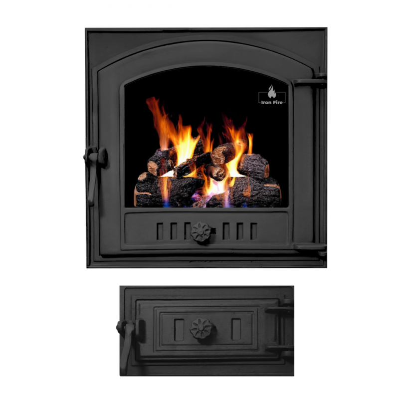 Комплект дверцят чавунні для каміна/барбекю Iron Fire Style 50 485х485 мм з вогнетривким склом Robax + піддувальна Style 50 315х165 мм