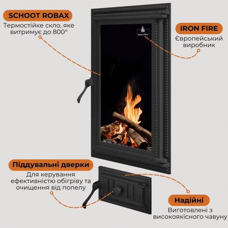 Комплект дверцят чавунні для каміна/барбекю Iron Fire Brown 440x640 мм з вогнетривким склом Robax + піддувальна Style 35 315х180 мм