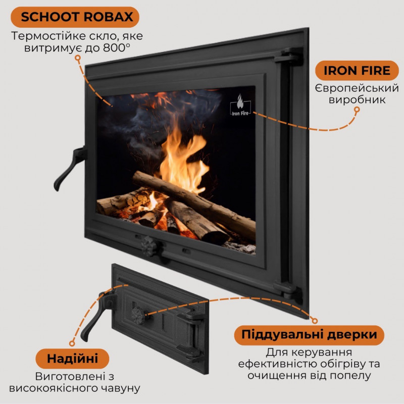 Комплект дверцят чавунні для каміна/барбекю Iron Fire Adam 640x440 мм з вогнетривким склом Robax + піддувальна Style 50 315х165 мм