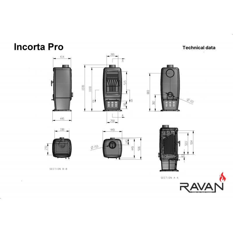 Чавунна дров’яна піч-камін Ravan Incorta Pro 14 кВт