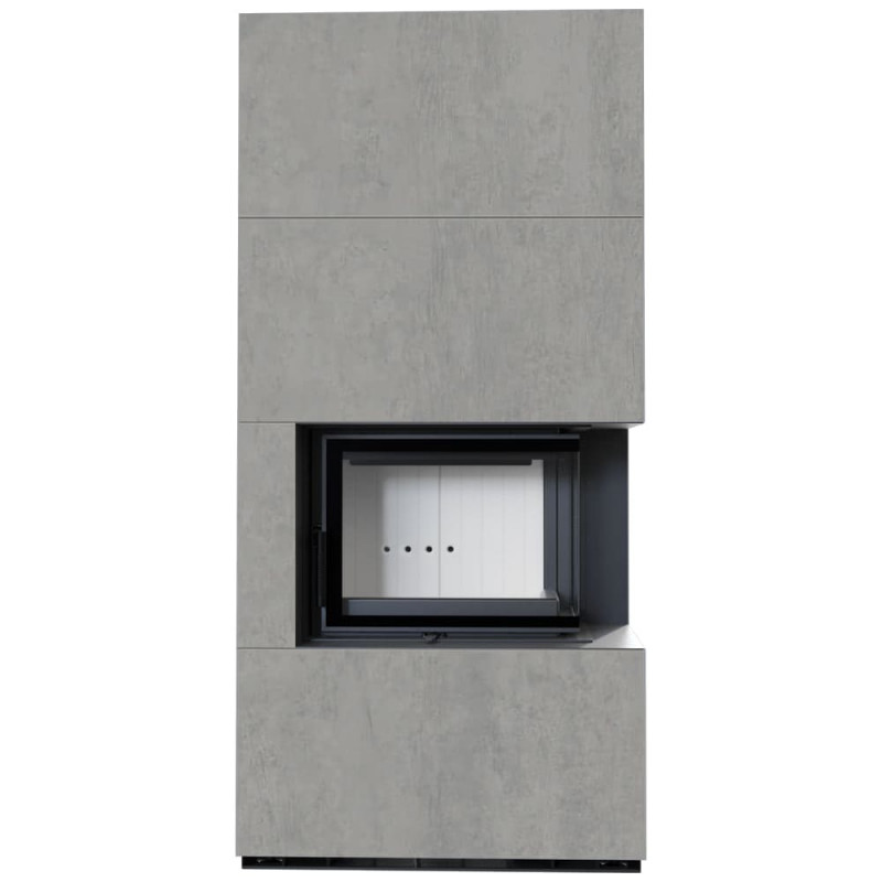 Камін Kratki FLOKI BOX правий 8 kW Ø 160 в обудові з керамограніту CEMENTO GRIGIO BOCCIARDATA