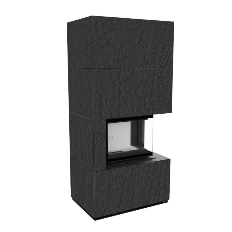 Камін Kratki FLOKI BOX правий 8 kW Ø 160 в обудові з керамограніту NATURALI ARDESIA NERO A SPACCO