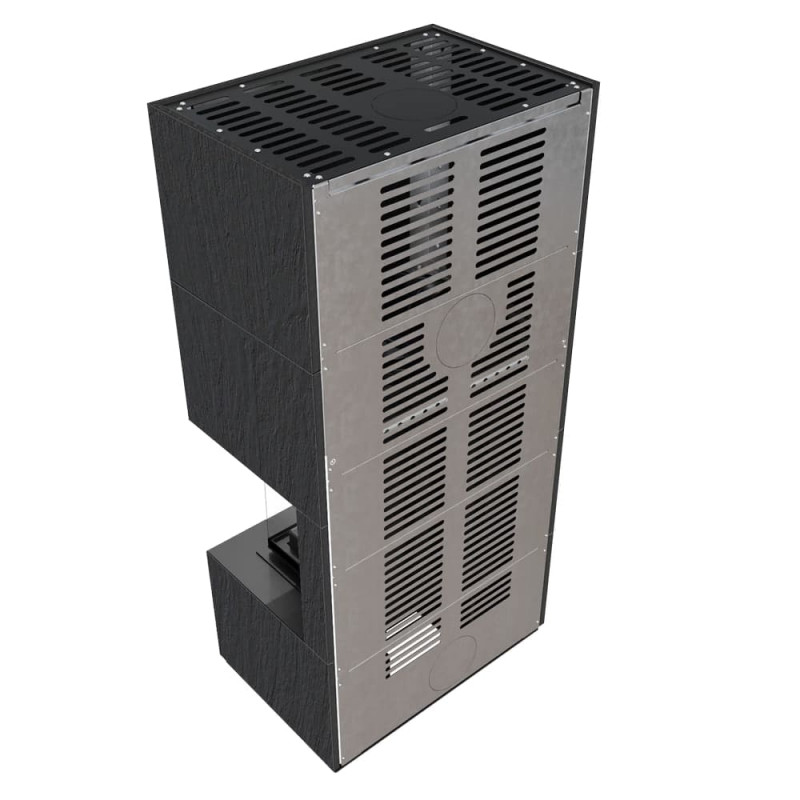 Камін Kratki FLOKI BOX правий 8 kW Ø 160 в обудові з керамограніту NATURALI ARDESIA NERO A SPACCO